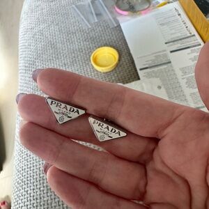 White Enamel Triangle Logo Stud Earrings with Silver Trim